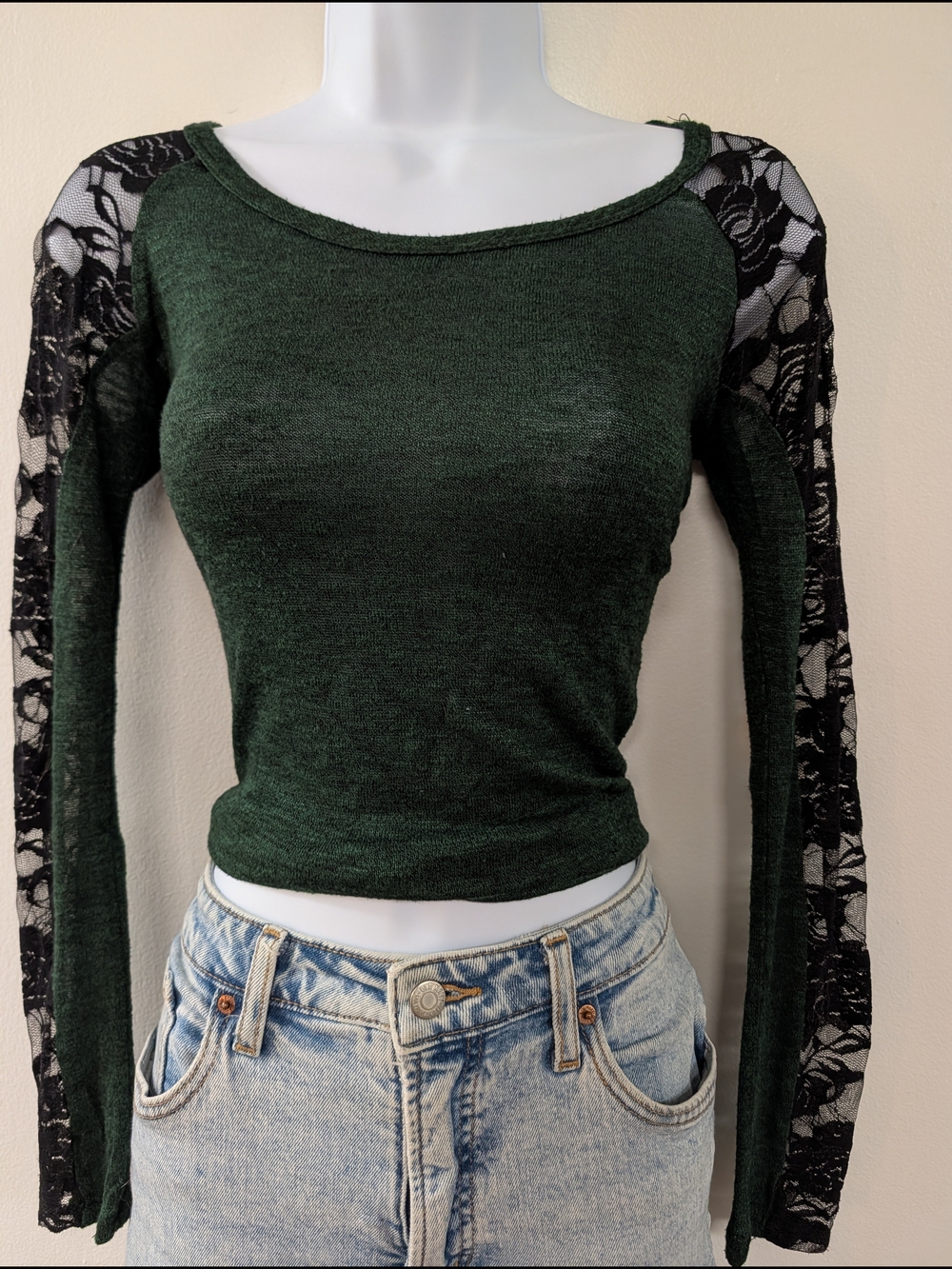 Ladies Green Long-Sleeve Lace Inset Top